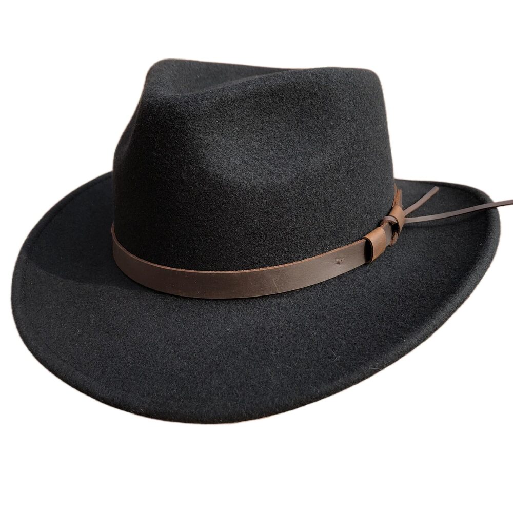 7777 Black Crushable Wool Felt Fedora Outback Western Outdoor Montana Hat